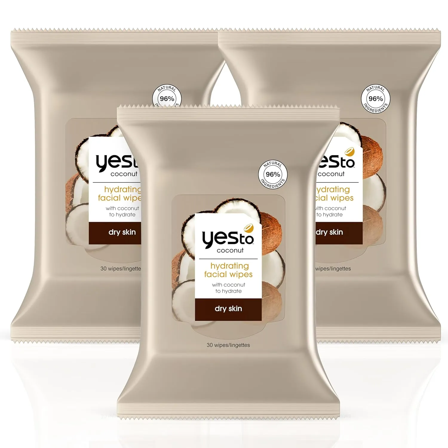 Yes To Face Wipes for Women and Men, Super Skin Recharging Facial Cleansing Wipes for use as a Make Up Remover, Cleaning, Soothing, Coconut (Pack of 3)