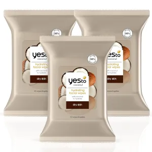 Yes To Face Wipes for Women and Men, Super Skin Recharging Facial Cleansing Wipes for use as a Make Up Remover, Cleaning, Soothing, Coconut (Pack of 3)