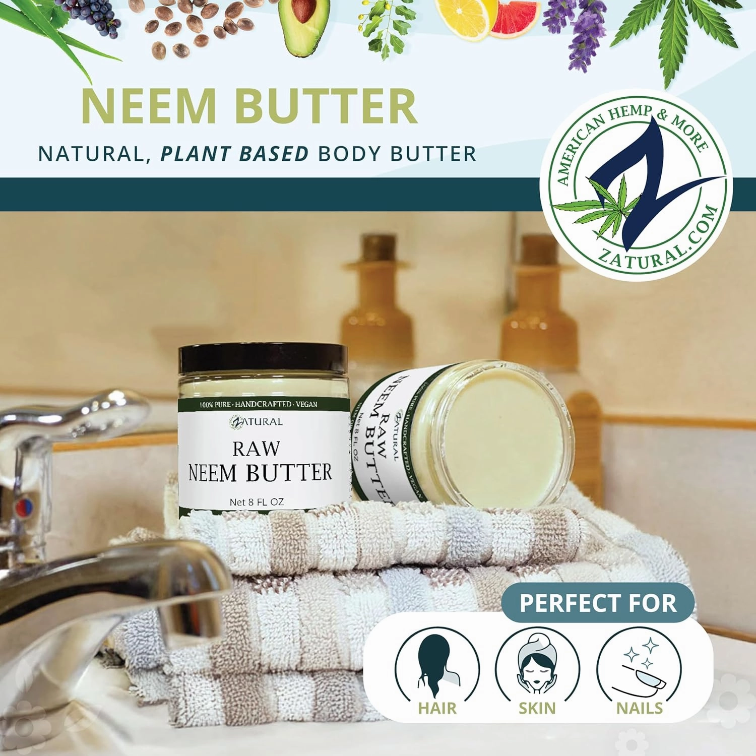 Zatural Neem Butter 4 Pack - Coconut Oil, Neem Oil and Leaf, Marula Oil, Kokum, Rosemary, For Sensitive Skin, Itchy Skin, 8 oz (4-Pack)