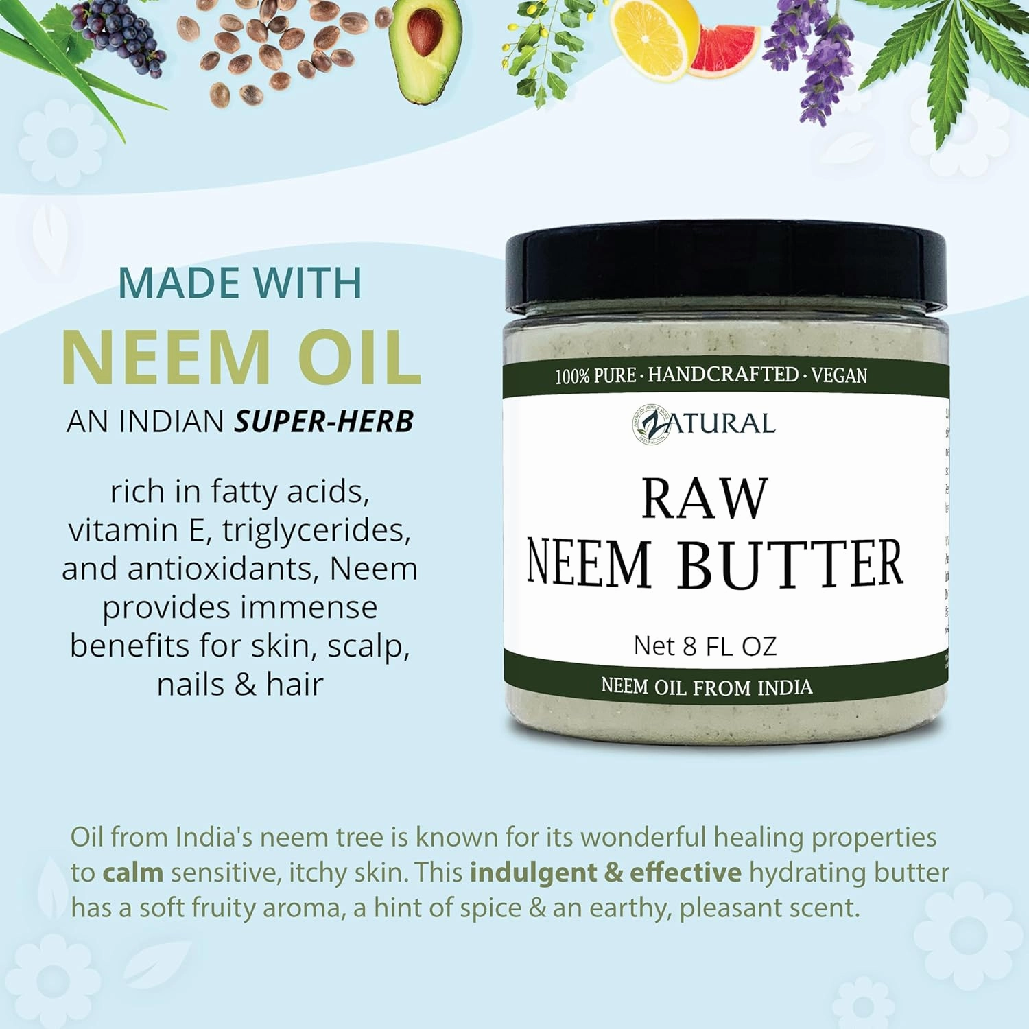 Zatural Neem Butter 4 Pack - Coconut Oil, Neem Oil and Leaf, Marula Oil, Kokum, Rosemary, For Sensitive Skin, Itchy Skin, 8 oz (4-Pack)