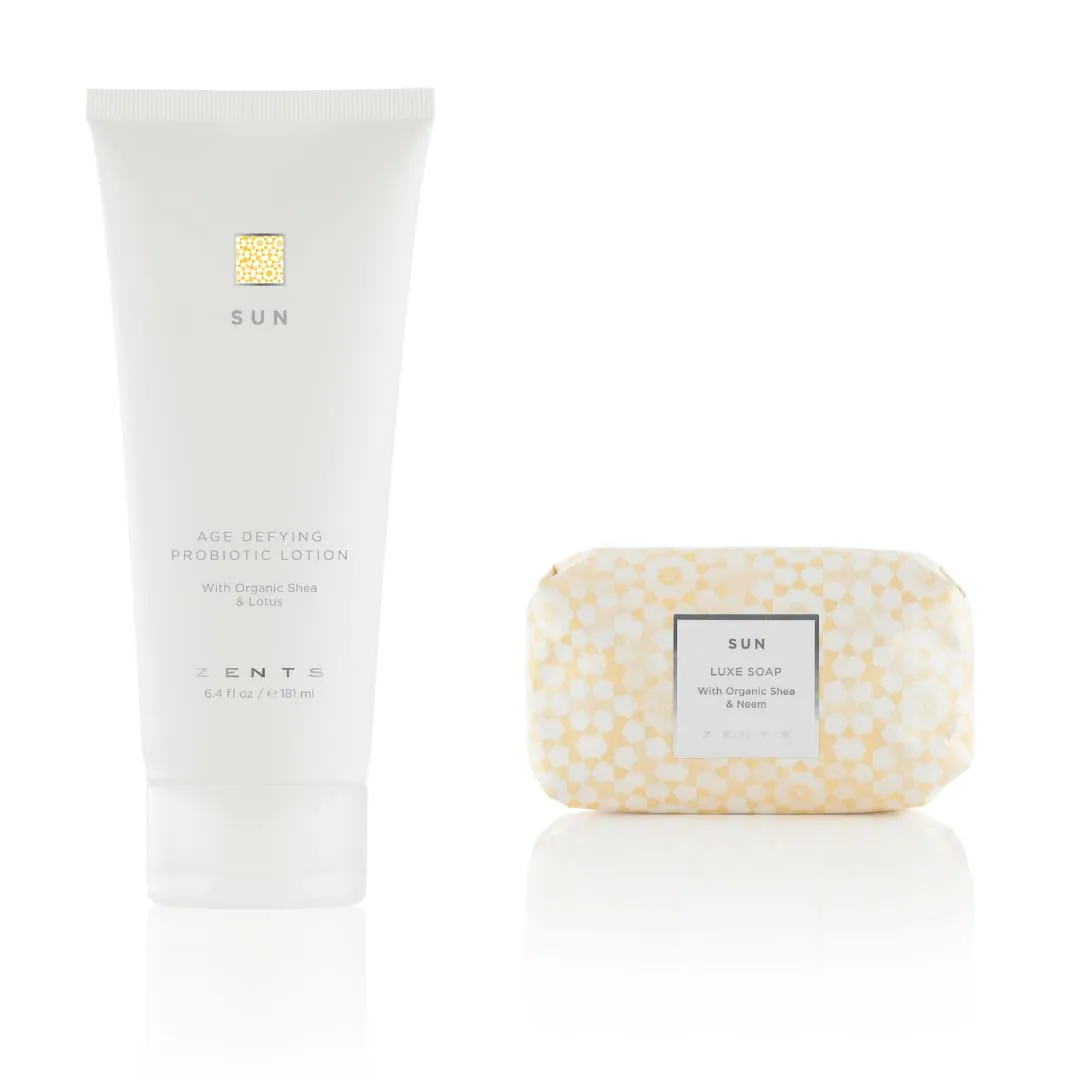 Zents Age-Defying Probiotic Lotion & Triple-Milled Luxe Bar Soap Set (Sun Fragrance) | Moisturizing Lotion with Hyaluronic Acid & Organic Shea Butter | Wth Organic Shea Butter | 6.4 fl oz & 5.7 oz