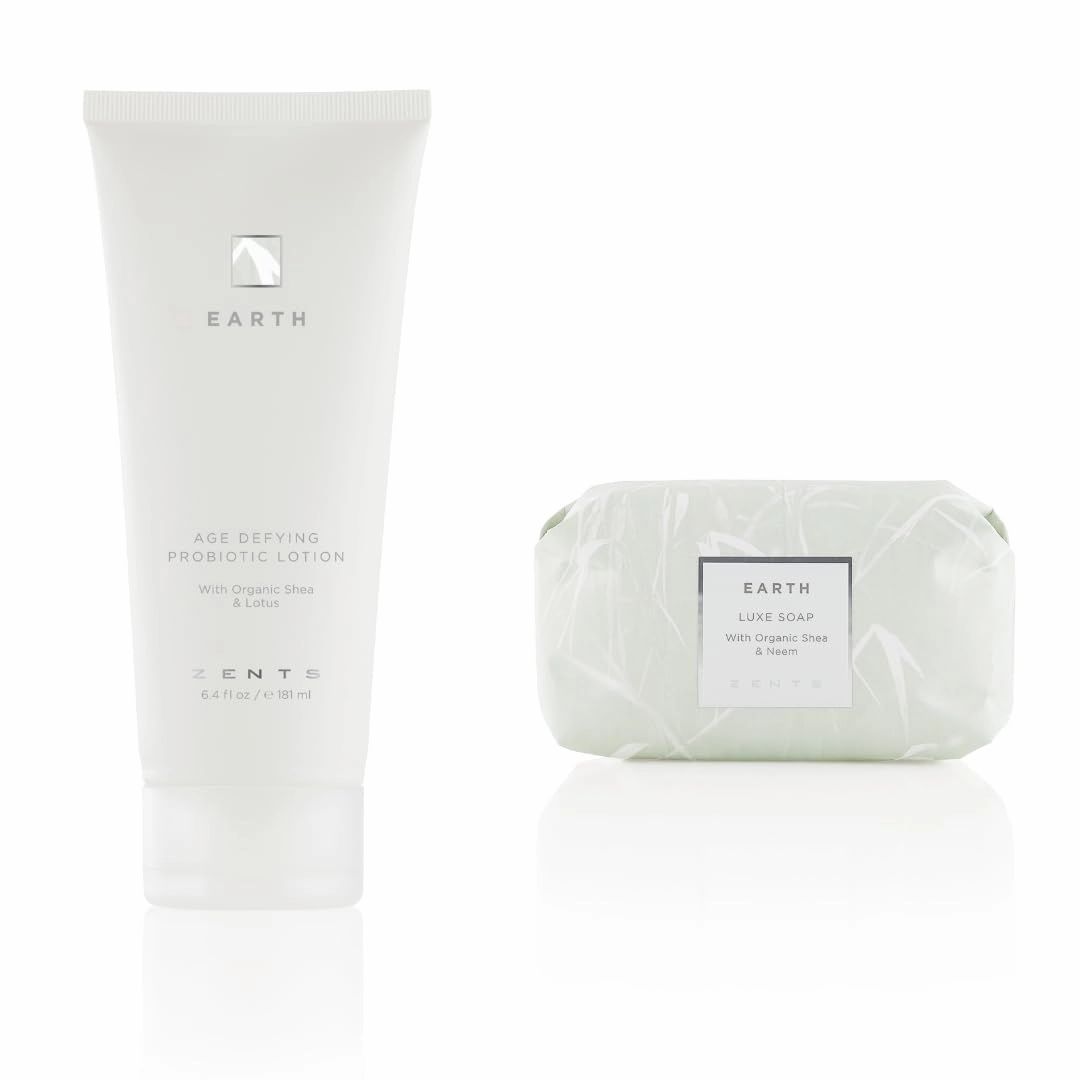 Zents Age-Defying Probiotic Lotion & Triple-Milled Luxe Bar Soap Set (Earth Fragrance) | Moisturizing Lotion with Hyaluronic Acid & Organic Shea Butter | With Organic Shea Butter | 6.4 fl oz & 5.7 oz