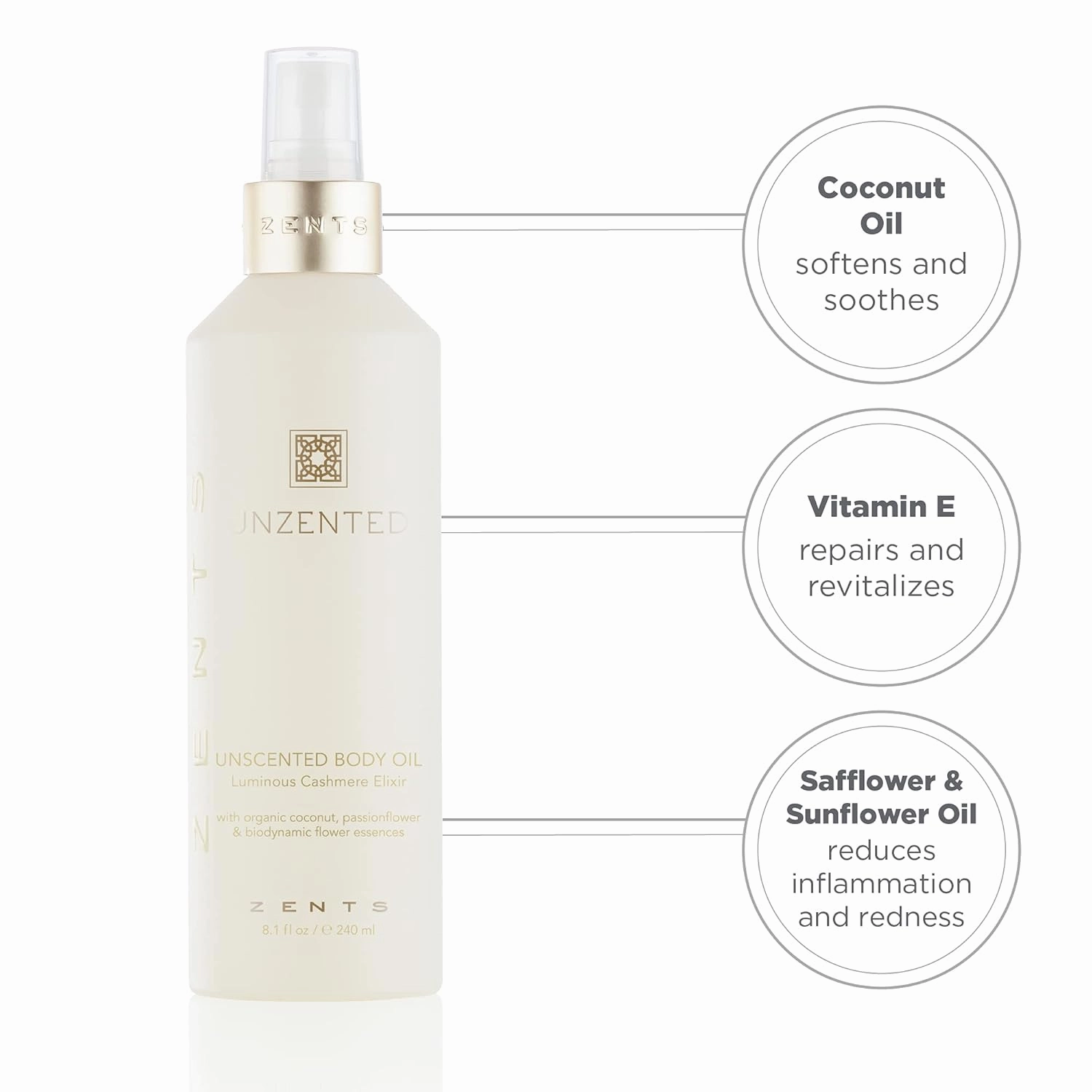 Zents Luminous Cashmere Body Oil (Fragrance-Free) | Moisturizing Body Oil with Vitamin E & Organic Coconut Oil | Softens & Smooths Skin | 8 fl oz
