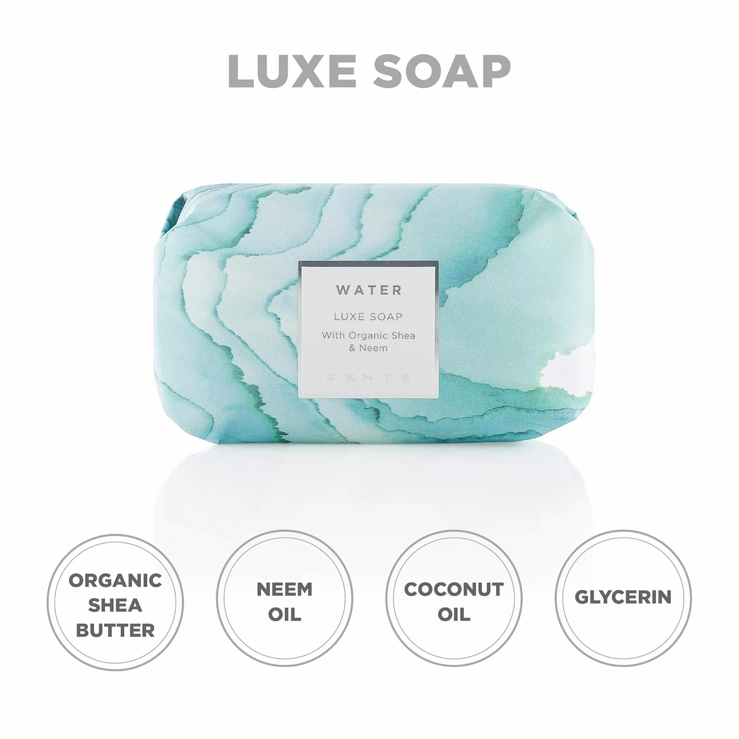 Zents Triple-Milled Luxe Bar Soap (Water Fragrance) | Moisturizing Soap with Organic Shea Butter | Gentle Hand & Body Wash | Nourishes & Softens Skin | 5.7 oz